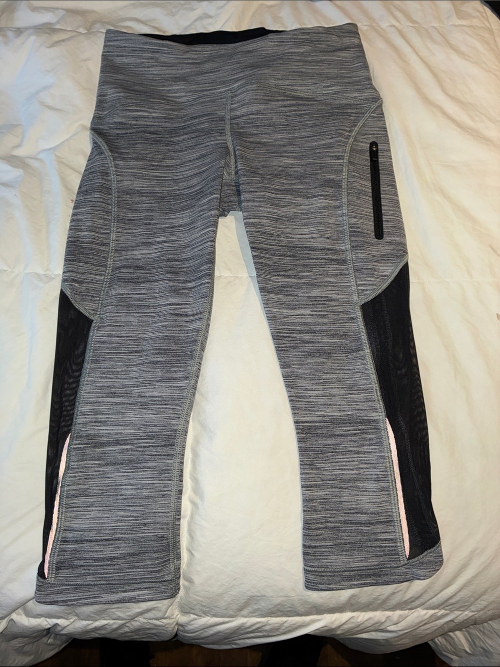 lululemon athletica Gray Heathered Capri Leggings with Black Mesh Panels